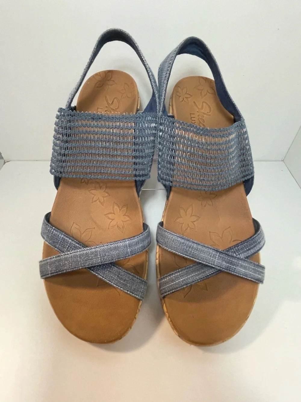 Skechers Cali Luxe Foam Blue Navy Elastic S Sandals Faux Cork Wedge Size 8 GUC